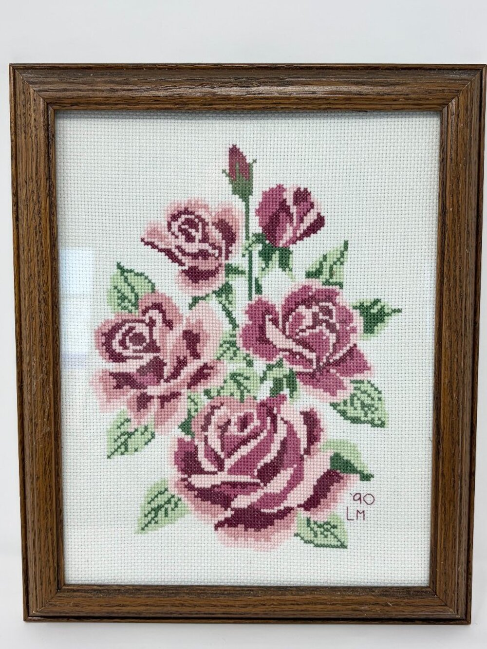 Vtg Framed Needlepoint Cross-Stitch Artwork Bouquet Pink Maroon Roses Flowers